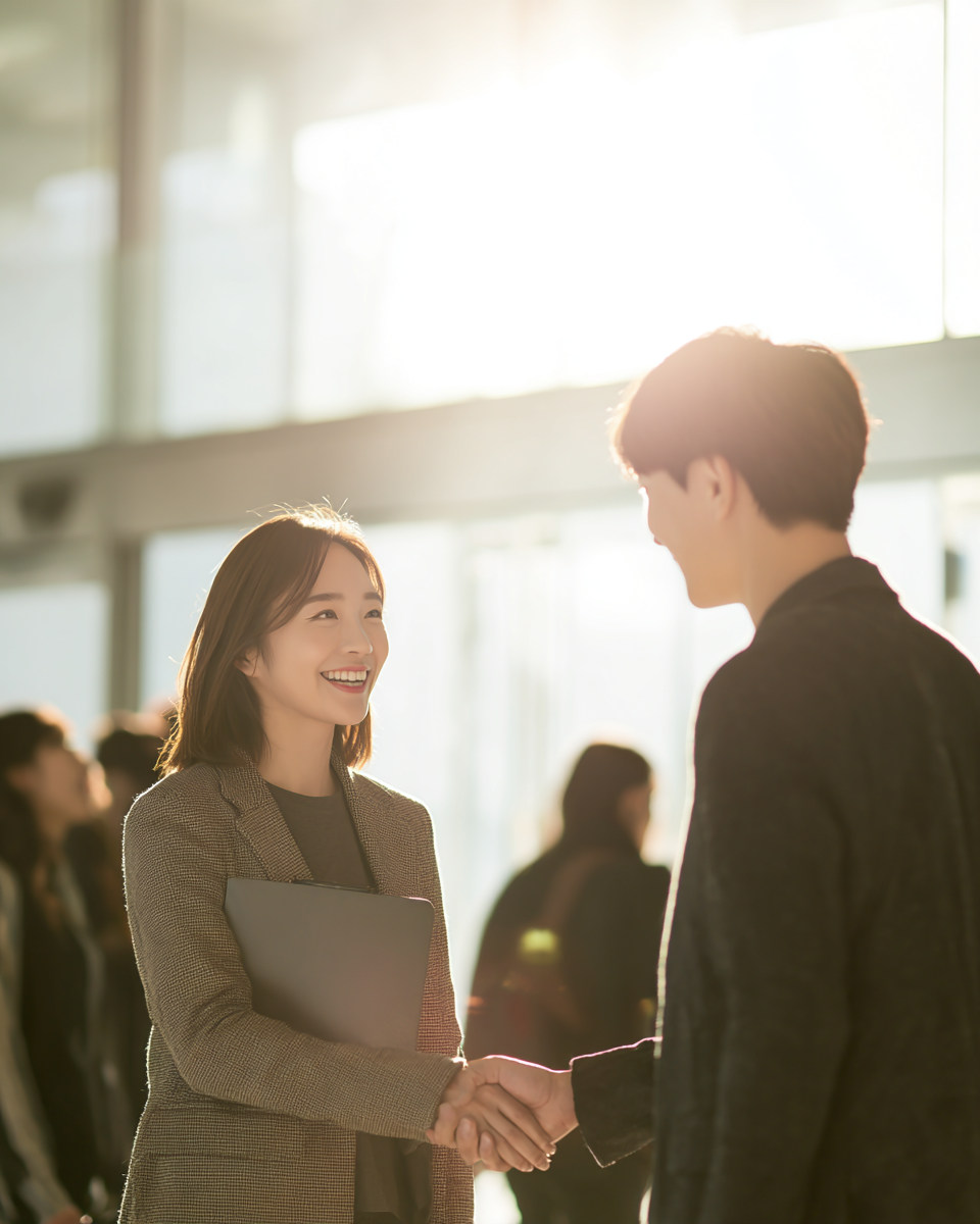 밝은 실내에서 악수하는 두 사람의 참고 이미지