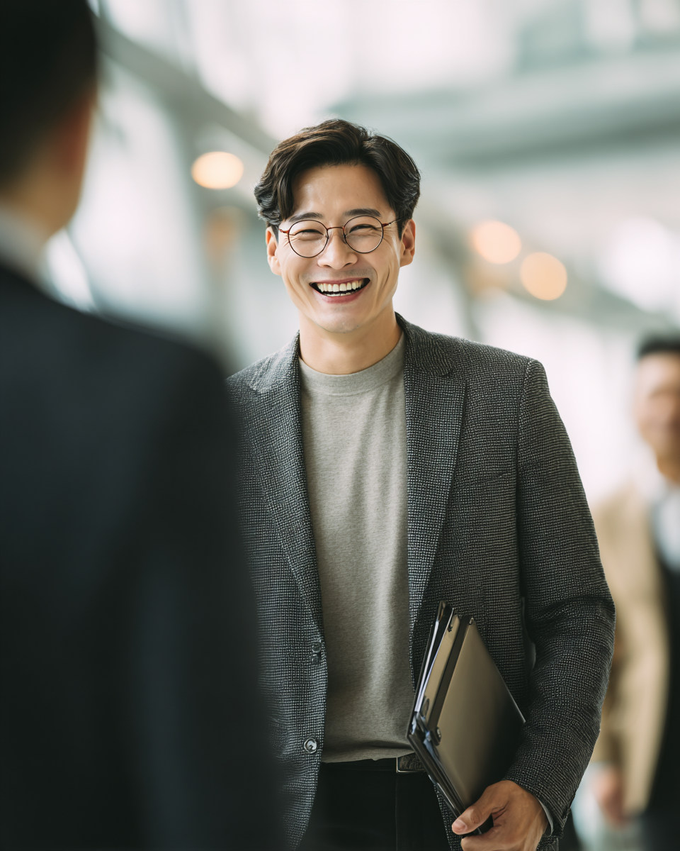밝은 실내에서 미소 짓는 사람의 참고 이미지