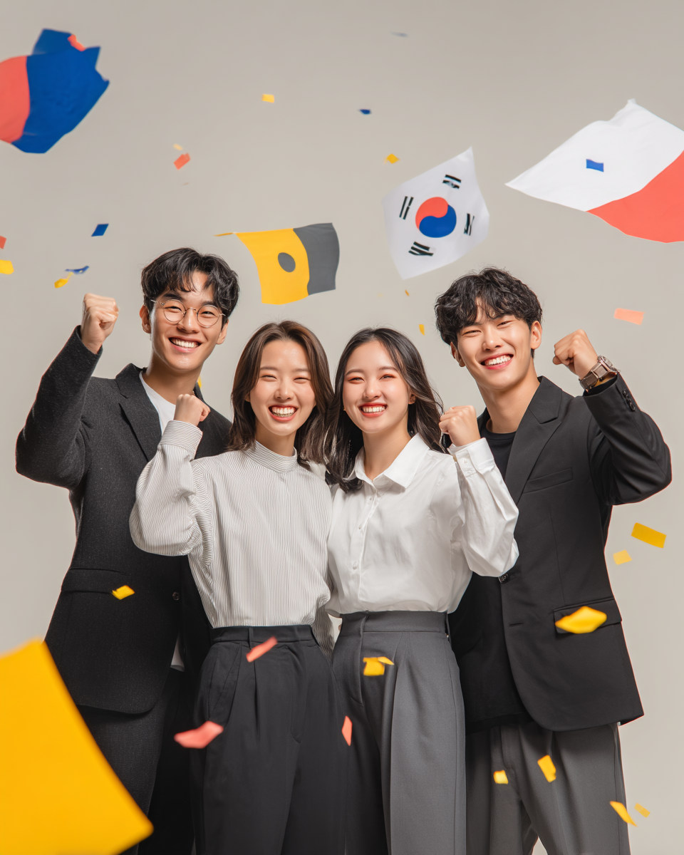 종이 조각이 날리는 가운데 함께 미소 짓는 사람들