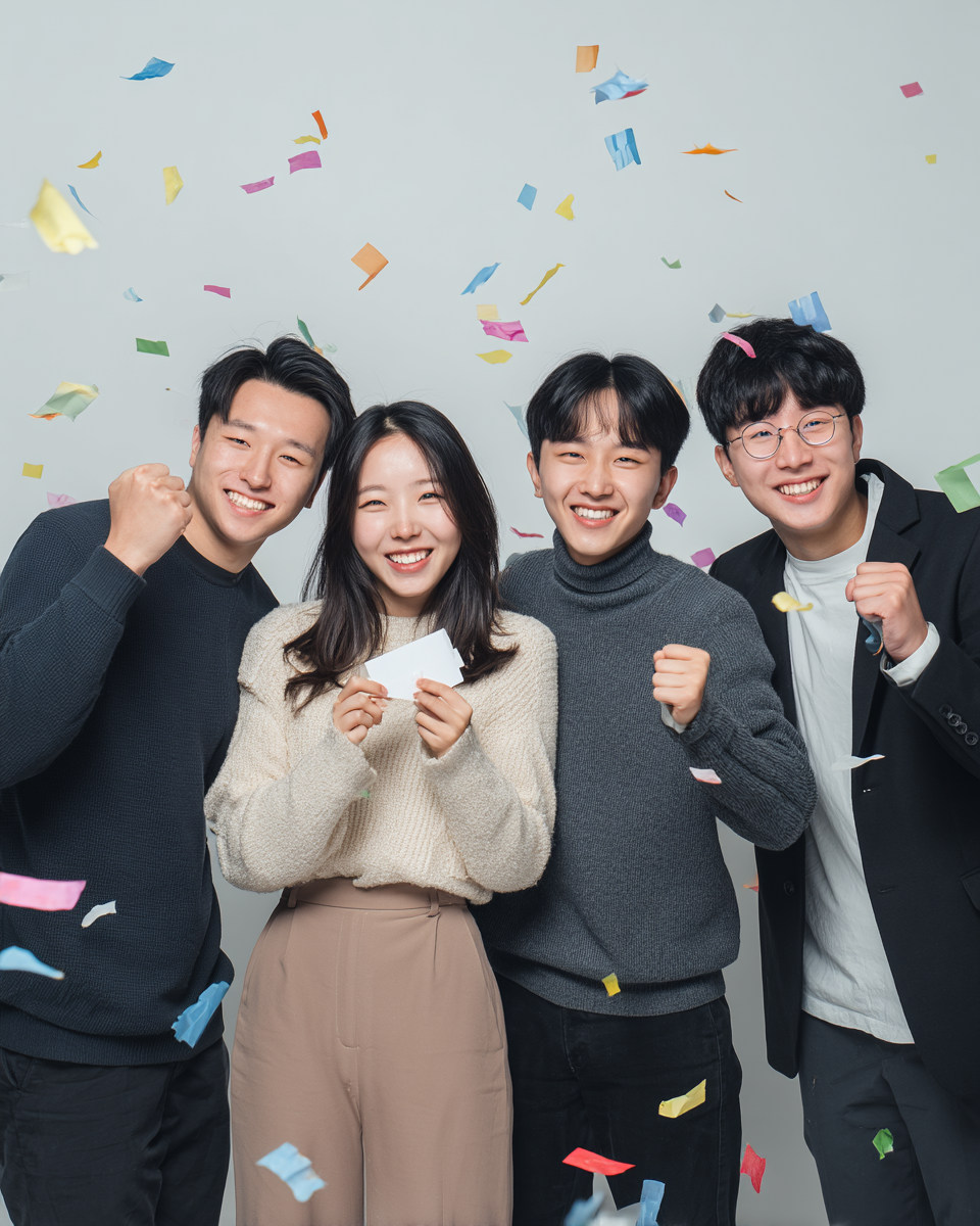 색종이가 날리는 가운데 함께 기념하는 사람들