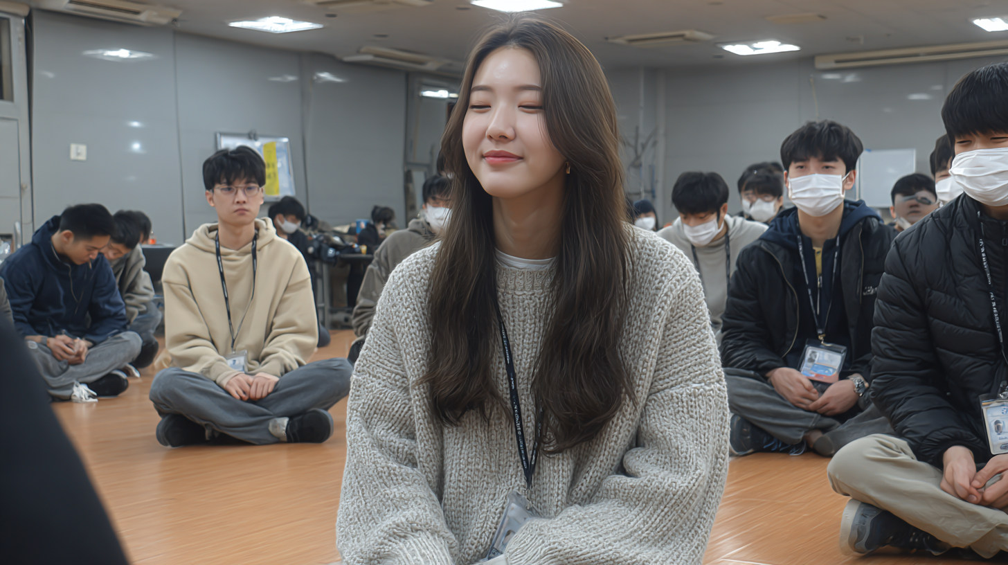 교실에서 다른 학생들과 함께 앉아 있는 학생